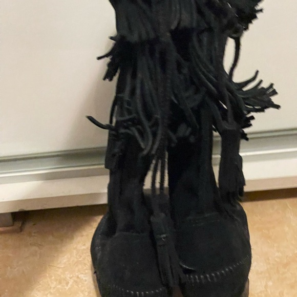 Minnetonka Boots Womens 6 3 Tier Moccasin Tall Boots black suede leather - Picture 3 of 7
